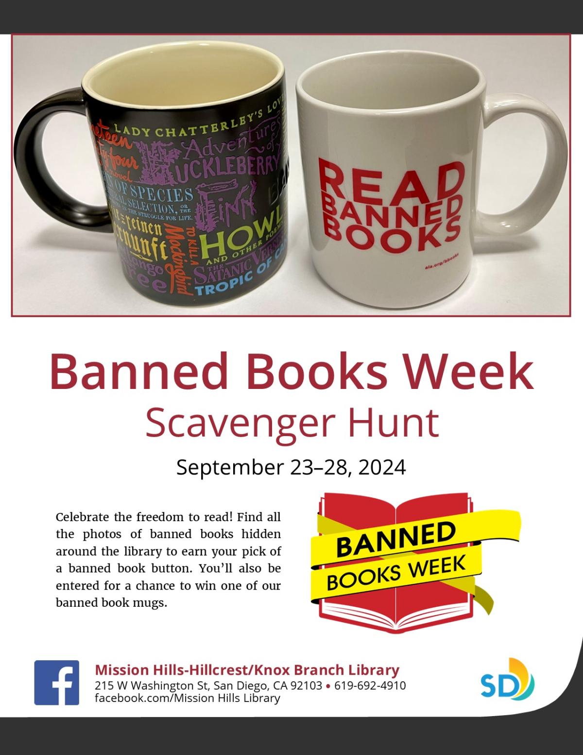 Flyer with event details and photo of 2 banned books mugs