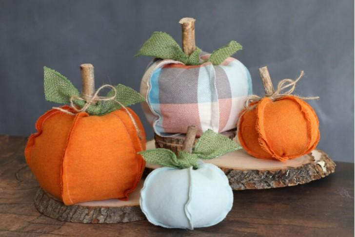 4 pumpkins sewn with fabric