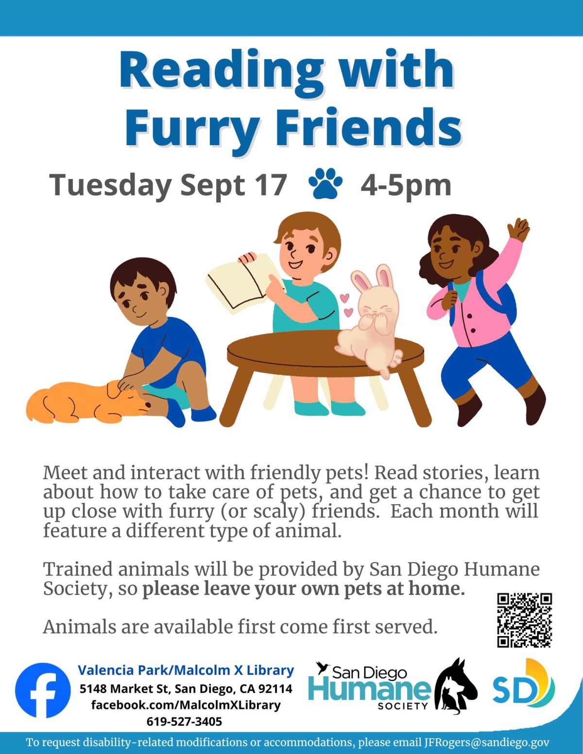 three kids with a reading to a dog and a bunny