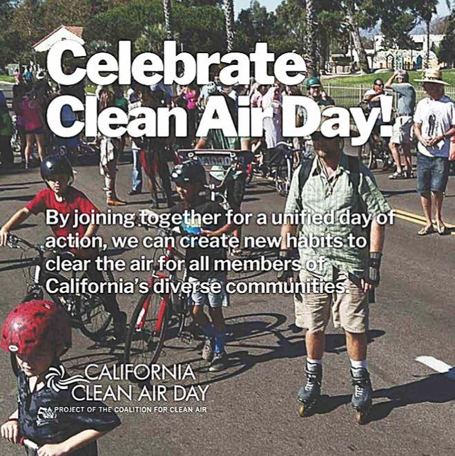 "Celebrate Clean Air Day" text over and image with a man on rollerblades, children with helmets on bikes, one child on a scooter and a group of people in the background.