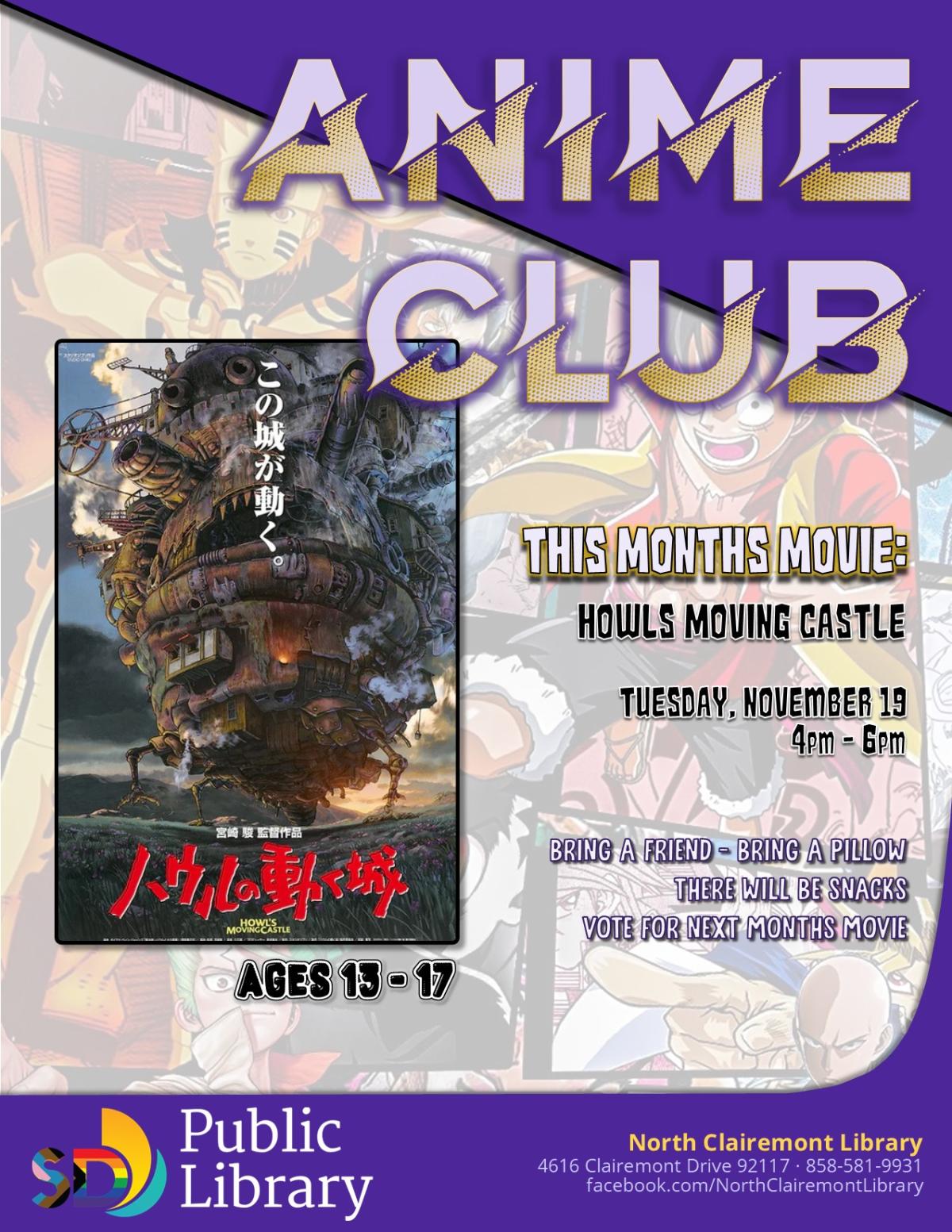 Anime club flyer with a picture of Howl's Moving Castle 