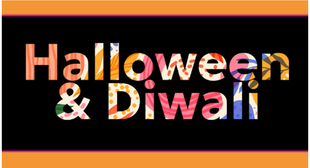 Halloween & Diwali text in a multicolored pattern