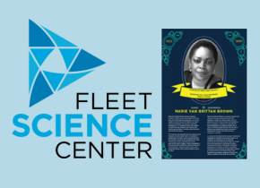 Fleet Science center logo with a picture of a science exhibit.