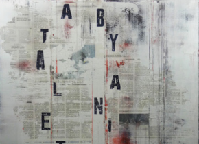 Mixed media artwork featuring collaged newspaper and several floating letters by artist Don Strandberg.