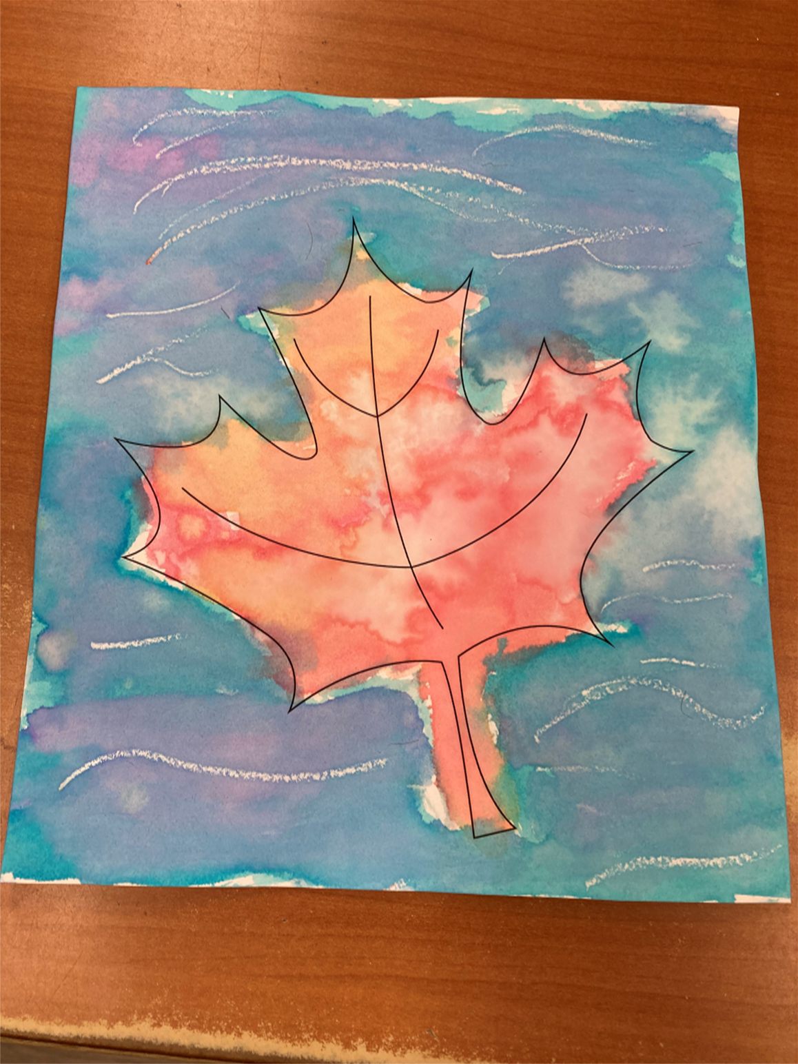 Sample crayon resist watercolor fall leaf craft