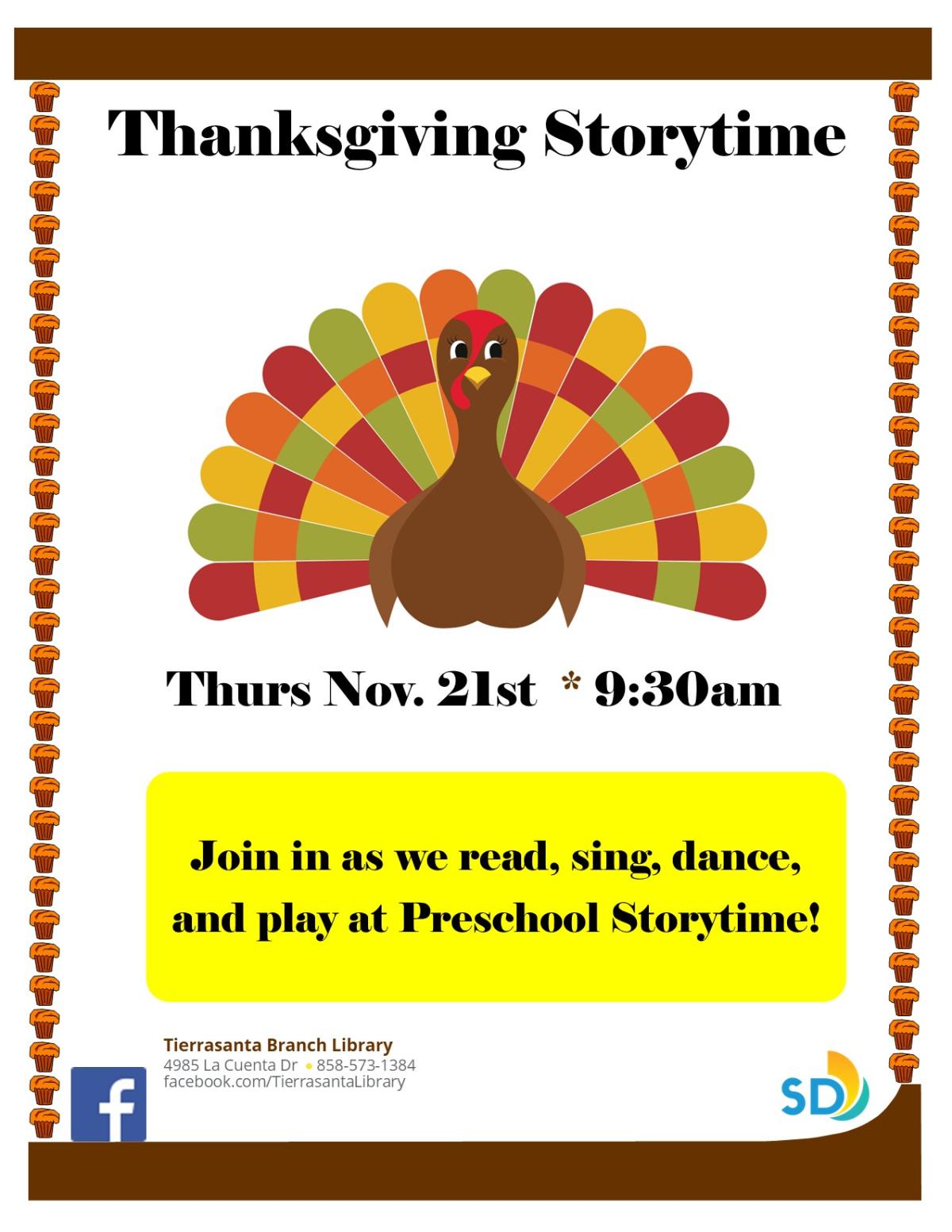 Flyer with image of colorful cartoon living turkey with muffin border