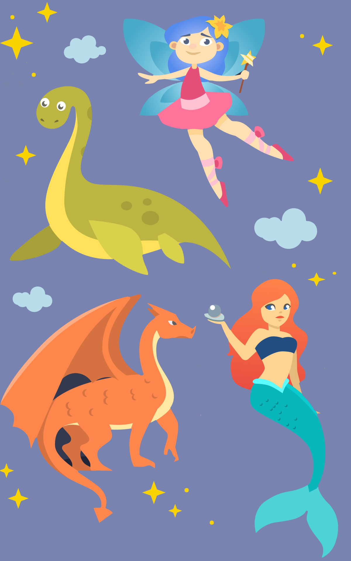 dragon, loch ness, mermaid, and fairy