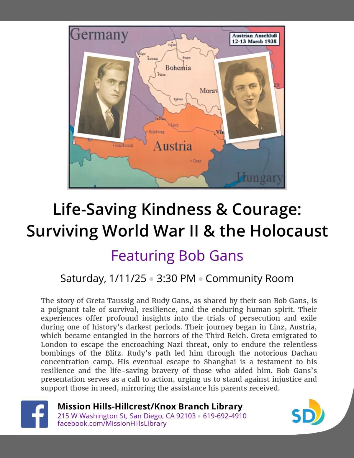 Flyer with details of event, map of Europe in 1938, and photos of Greta and Rudy Gans