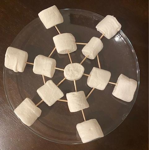 Example of a snowflake made out of marshmallows and toothpicks