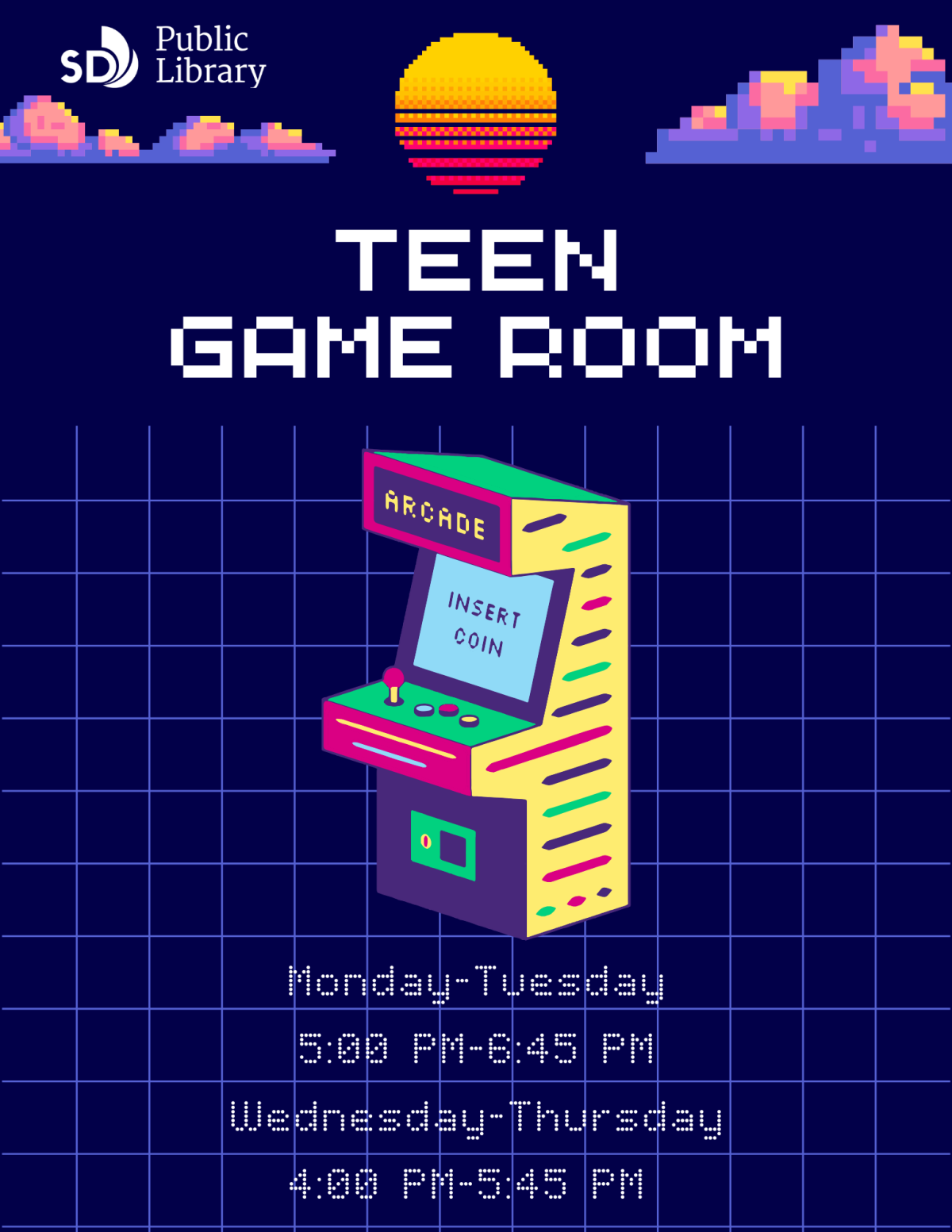 Teen Game Room hours flyer.