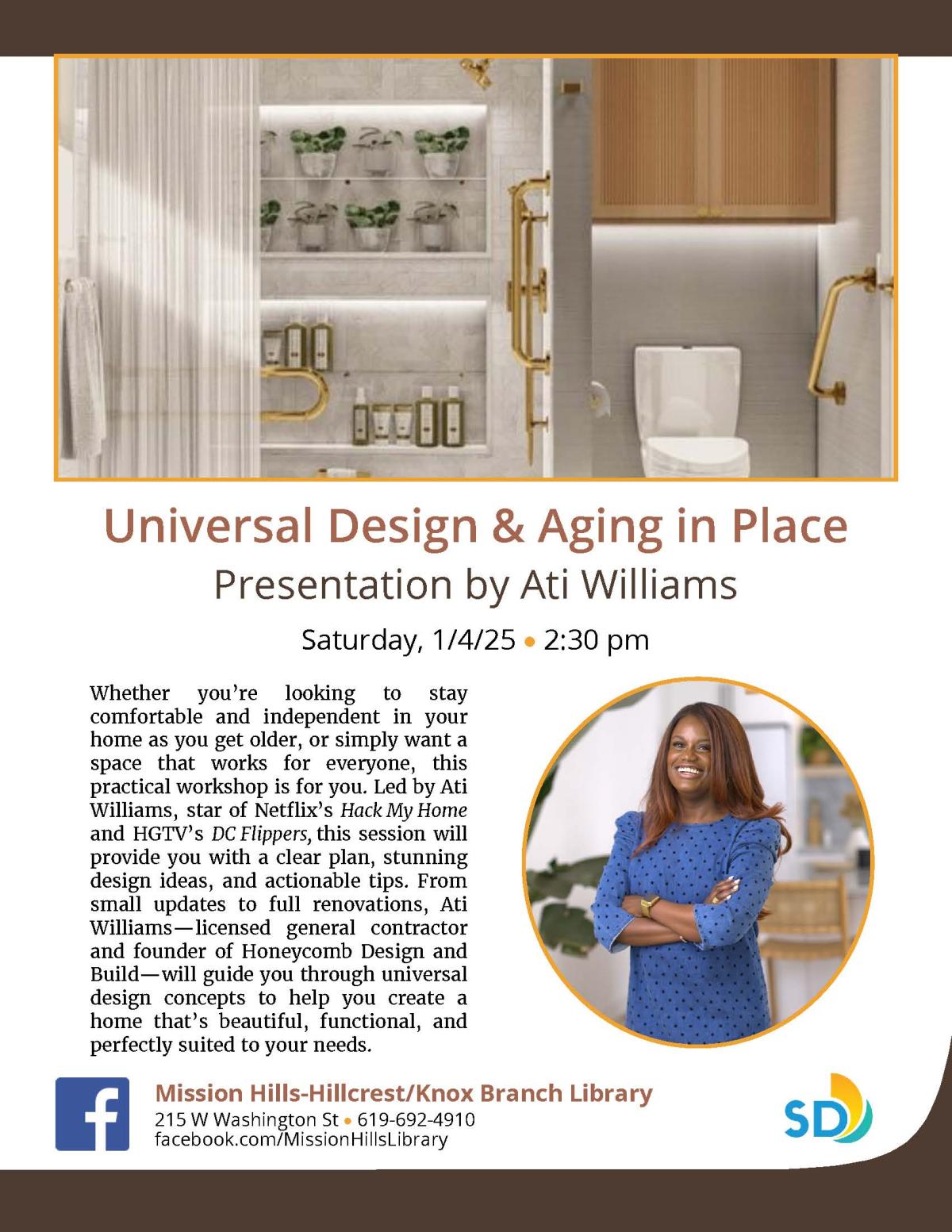 Flyer with event details and photos of bathroom and Ati Williams