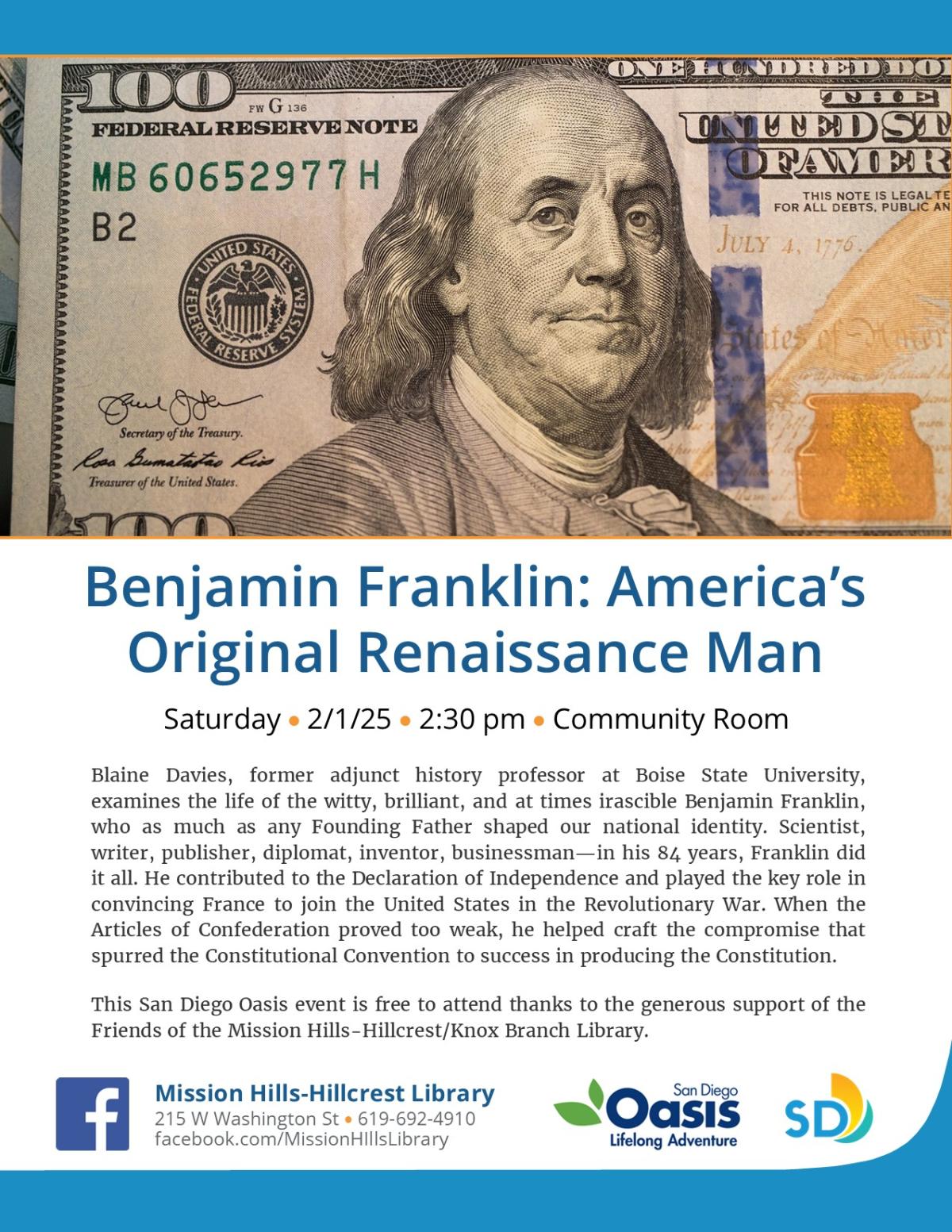 Event flyer with photo of Benjamin Franklin on the $100 bill