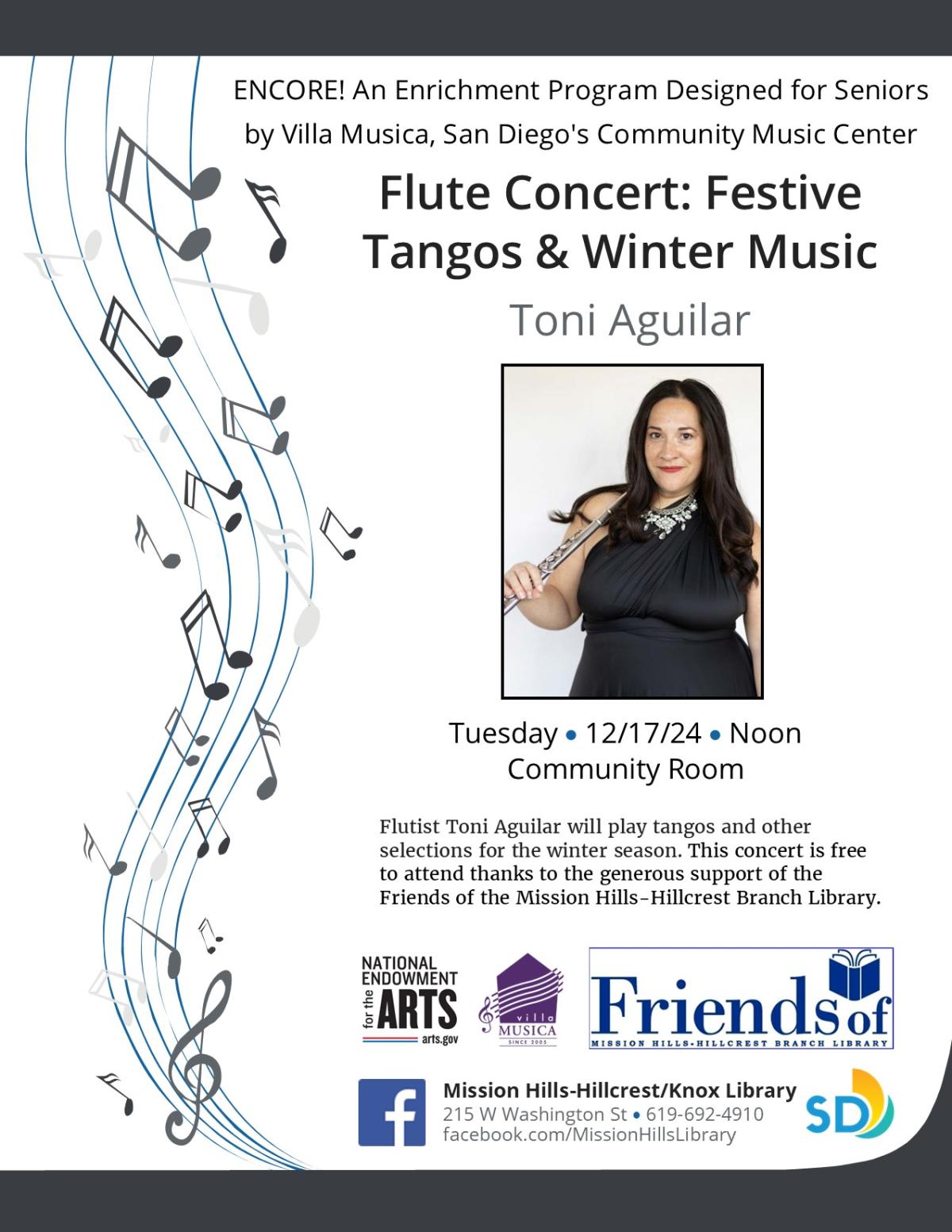 Flyer with event details and photo of Toni Aguilar holding a flute