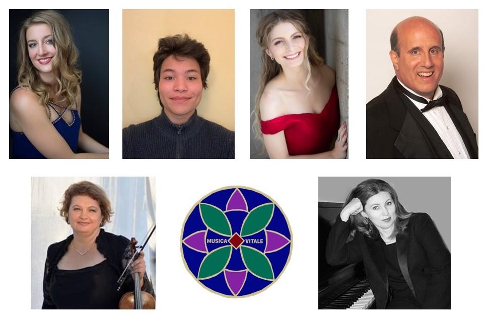 headshots of 4 singers, the violinist, and the pianist, as well as the Musica Vitale logo