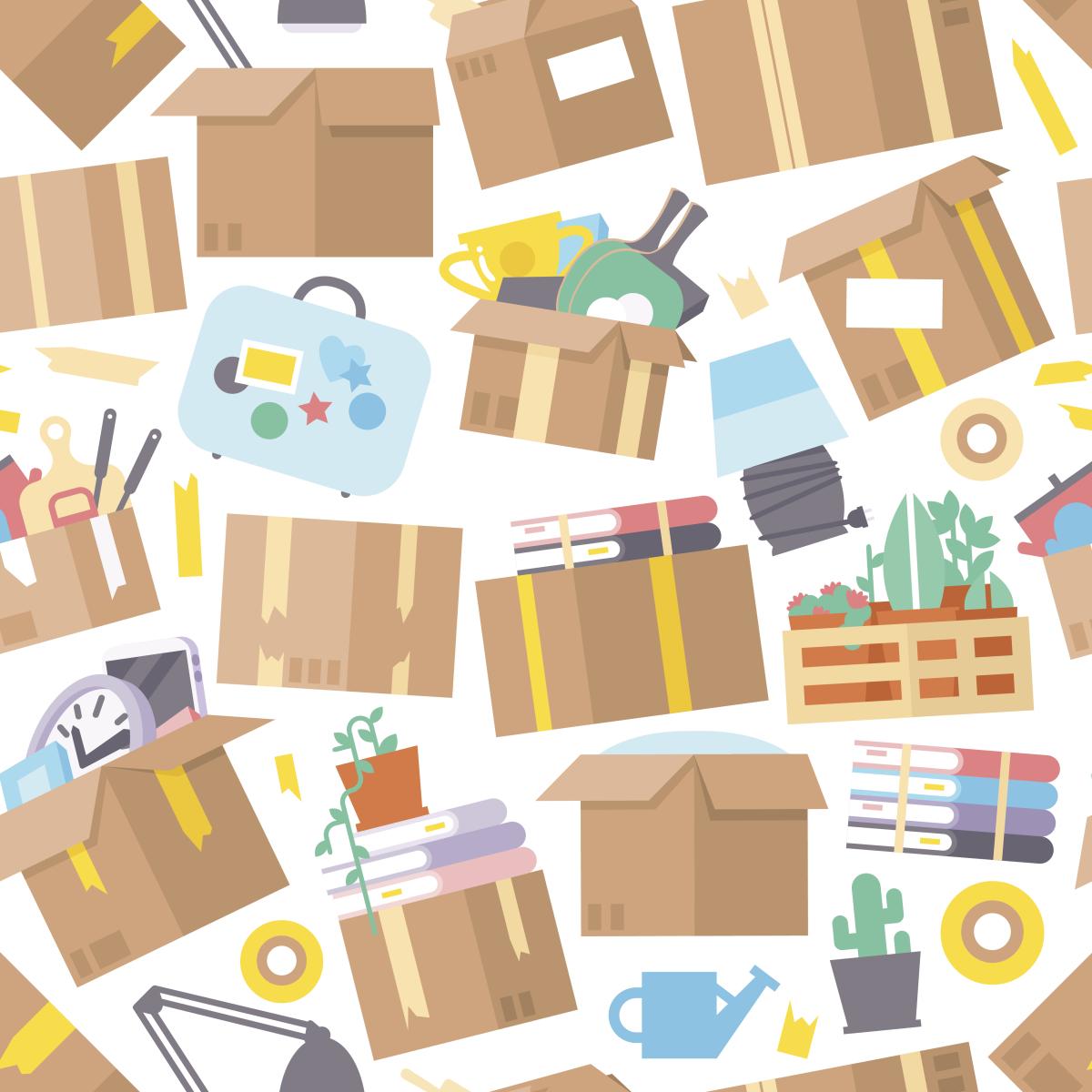 illustration of many boxes open with many items sticking out