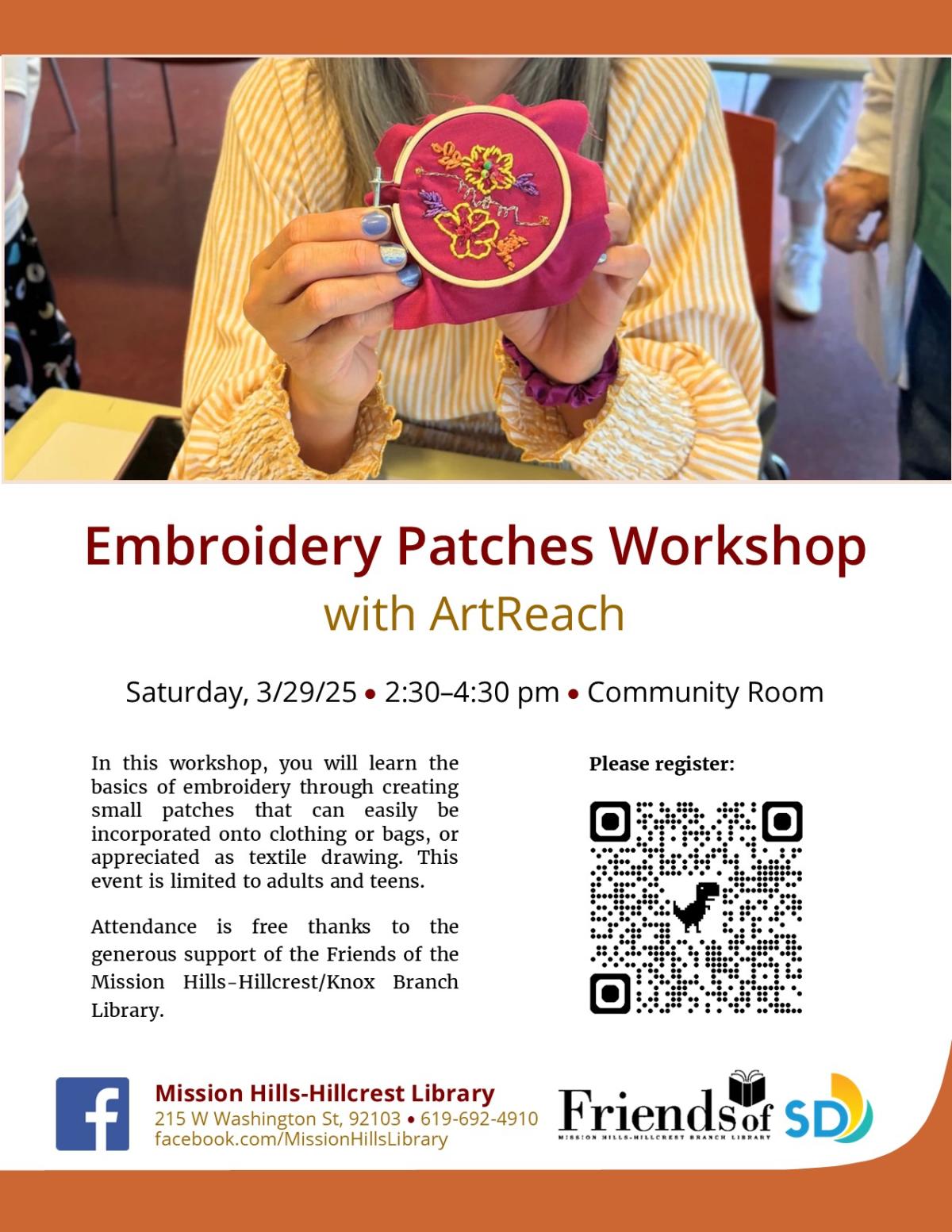 Flyer with event details and photo of woman holding embroidered patch