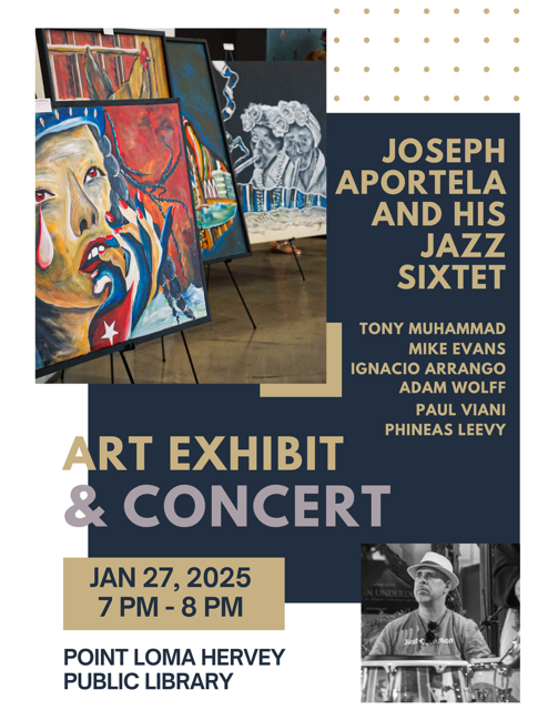 Art Exhibit & Concert flyer with Joseph Aportela and his Jazz Sixtet