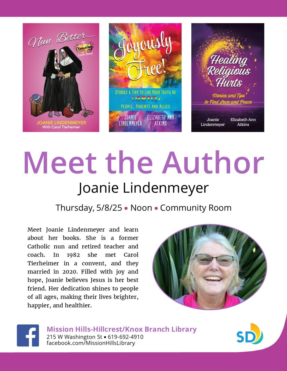 Flyer with event details, photos of 3 book covers, and photo of Joanie