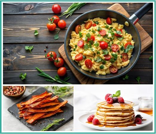 Photos of Vegan scrambled eggs, bacon, and pancakes