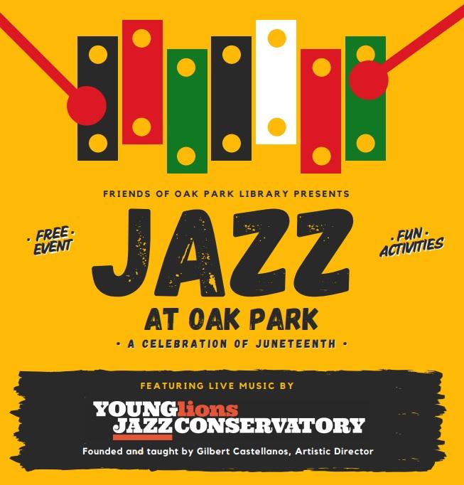 Stylized image of a vibraphone with the text "Jazz at Oak Park"