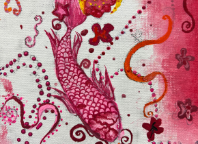 Painting of a koi fish, flower blossoms and abstract shapes by a student artist for Write Out Loud.