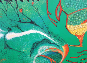 Painting abstract colors, shapes, and patterns by artist Nona Perrin.