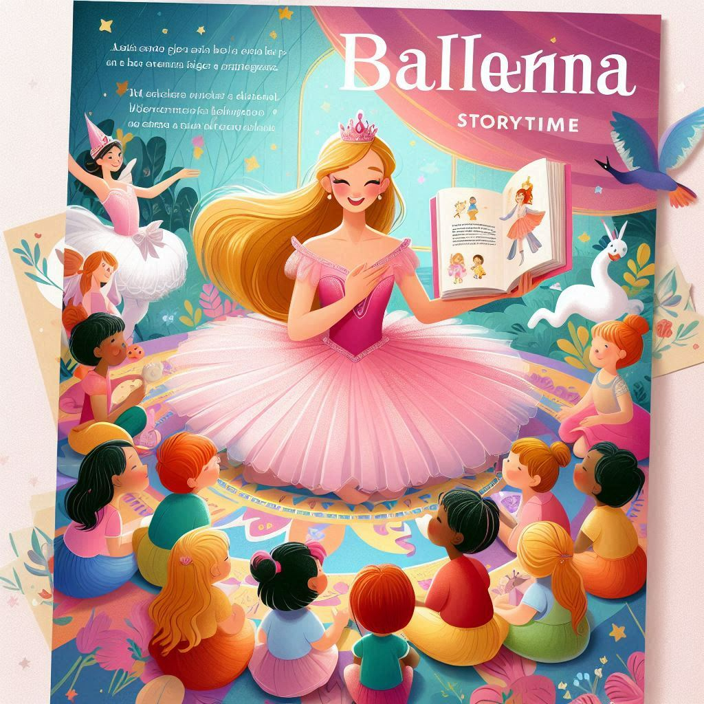 Ballerina wearing pink ballerina is reading to a group of children.