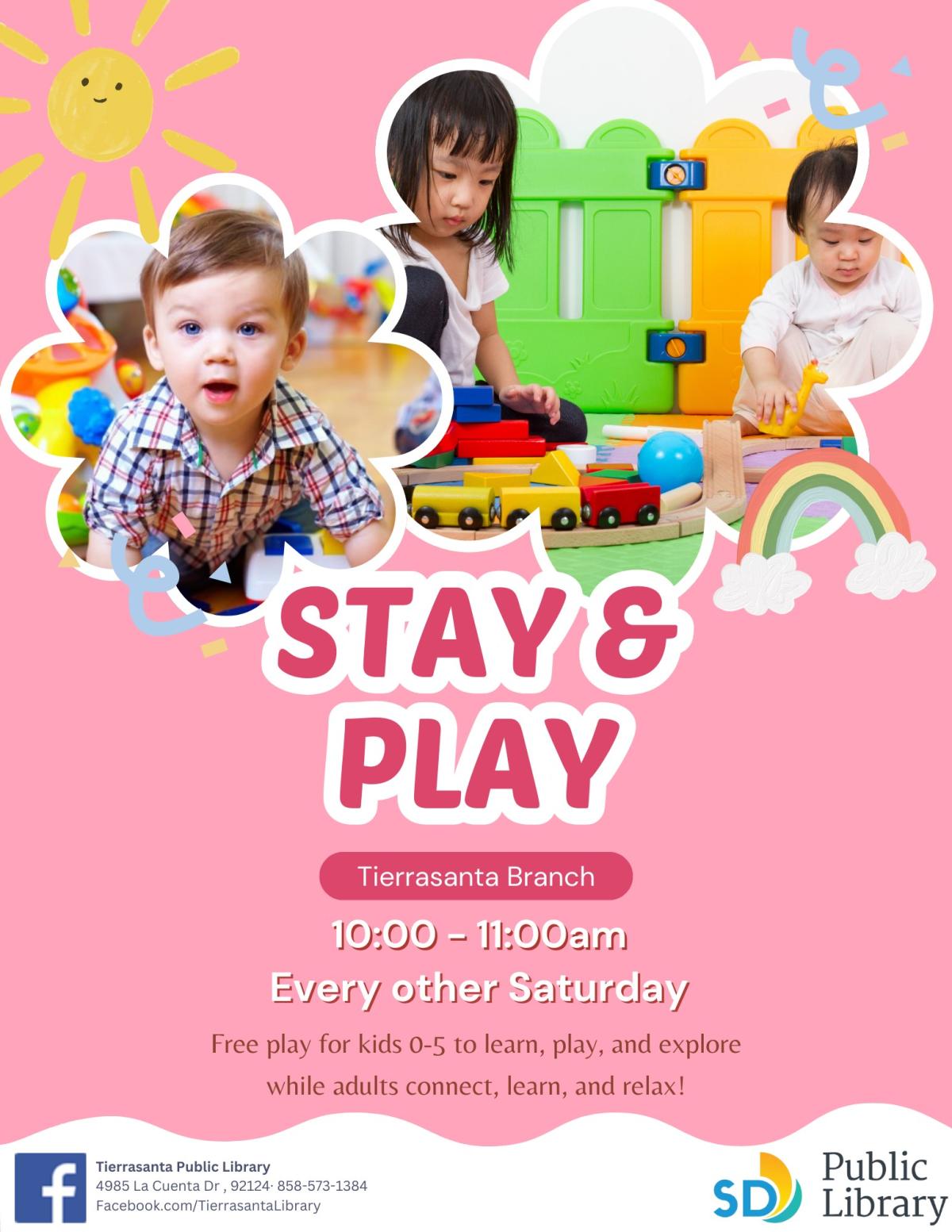 Pink flyer with babies and toddlers playing with colorful toys on a rug