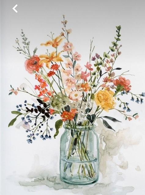 Watercolor of flowers in a glass Mason jar