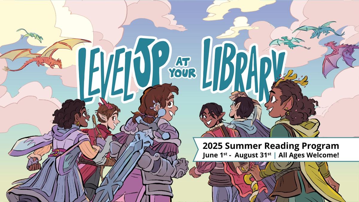 Level Up at Your Library logo, with people of all ages and a pretty sunset sky