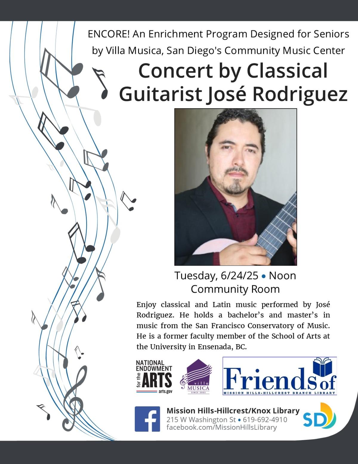 Flyer with event details and photo of Jose Rodriguez with a guitar