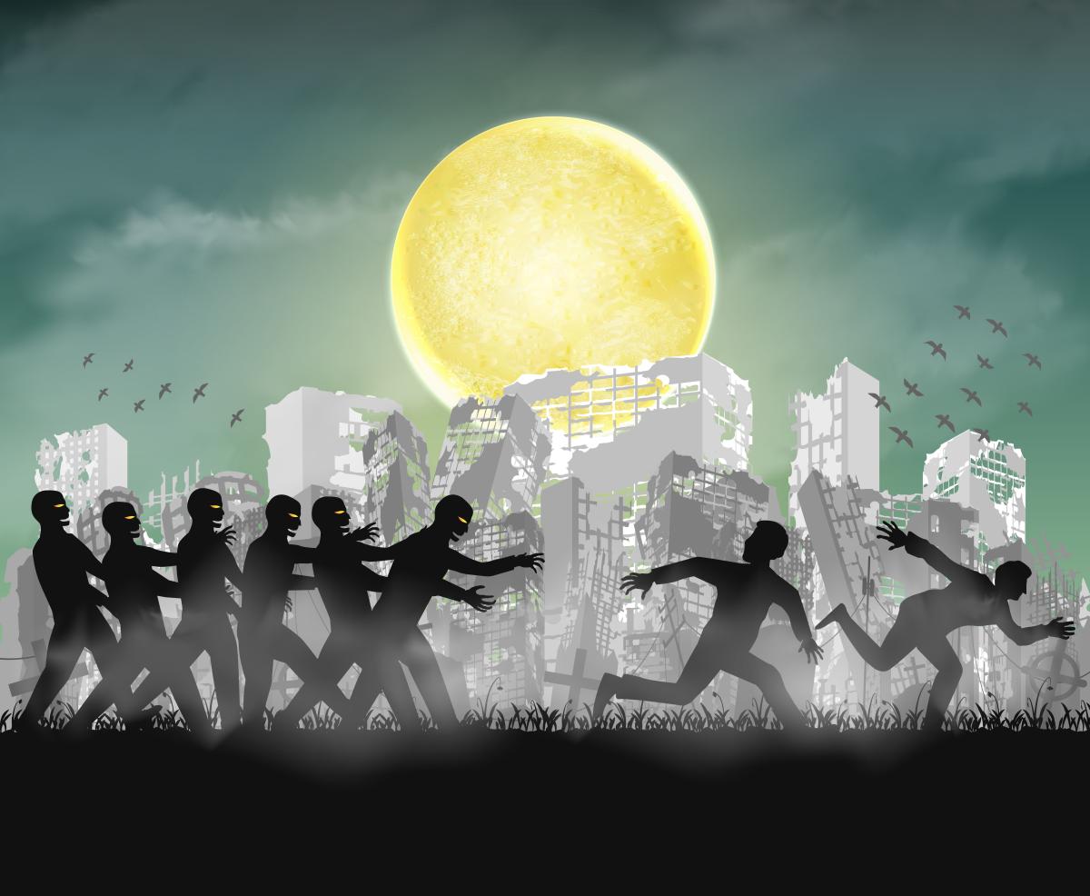 illustration of two people running away from a group of zombies
