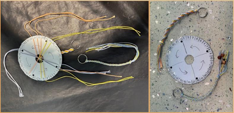 Keychains being woven on a disk, and pictured when complete.  