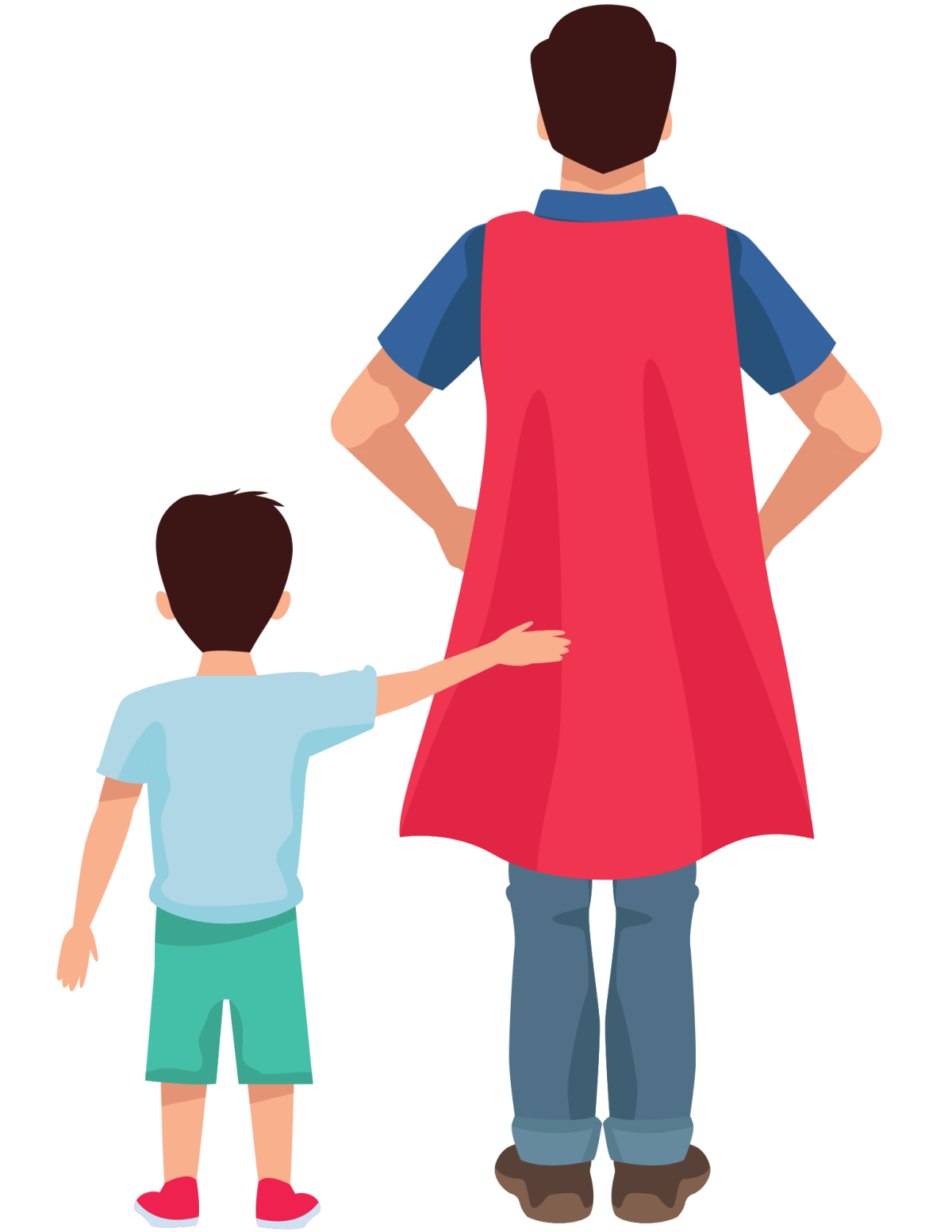 A boy standing next to a man who is wearing a superhero cape.