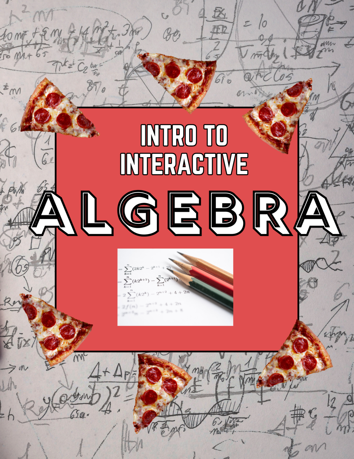 math equations on blackboard with slices of pizza