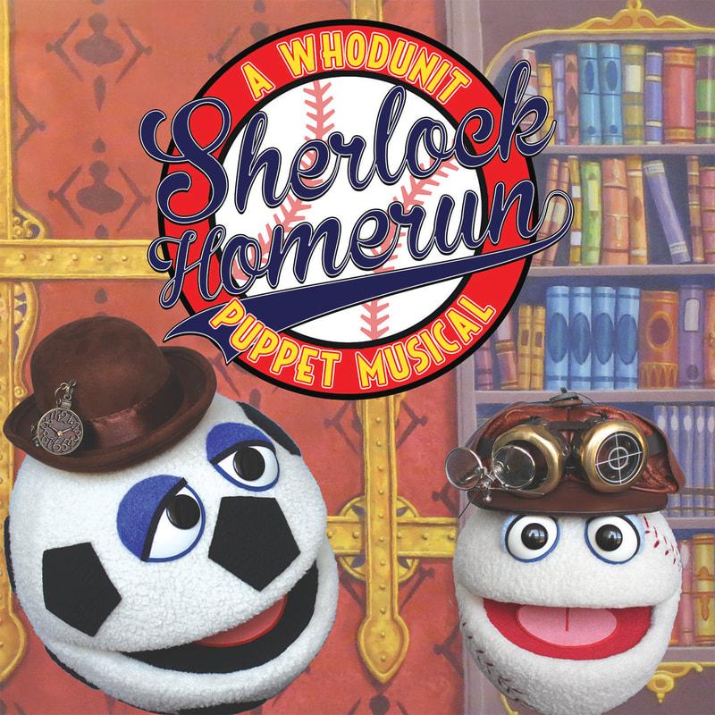 A soccer ball puppet wearing a detective hat. A baseball puppet wearing brown hat and goggles. 