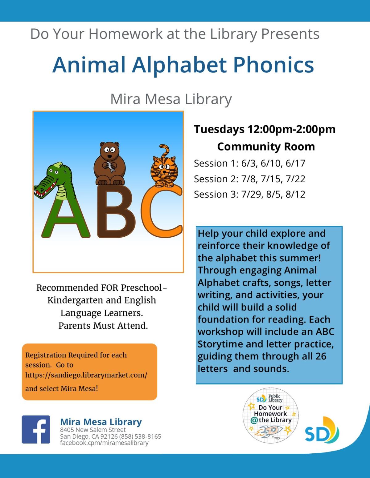 Promotional flyer with information and animals with letters