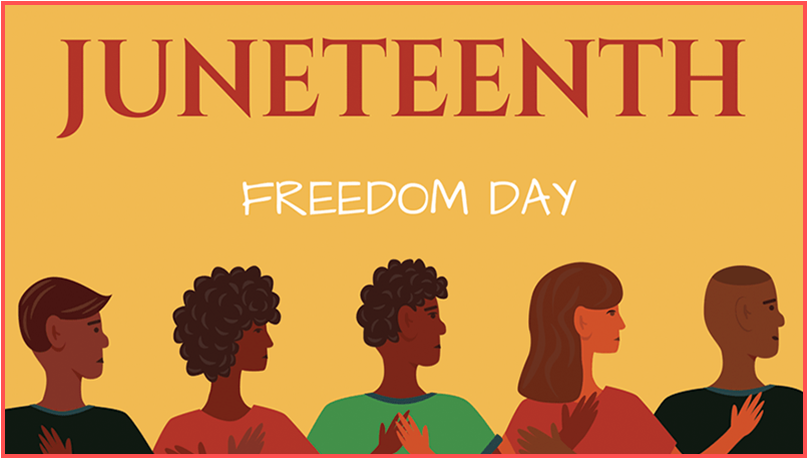 Juneteenth, Freedom Day at the top of the page and 5 people of color at the bottom of the page