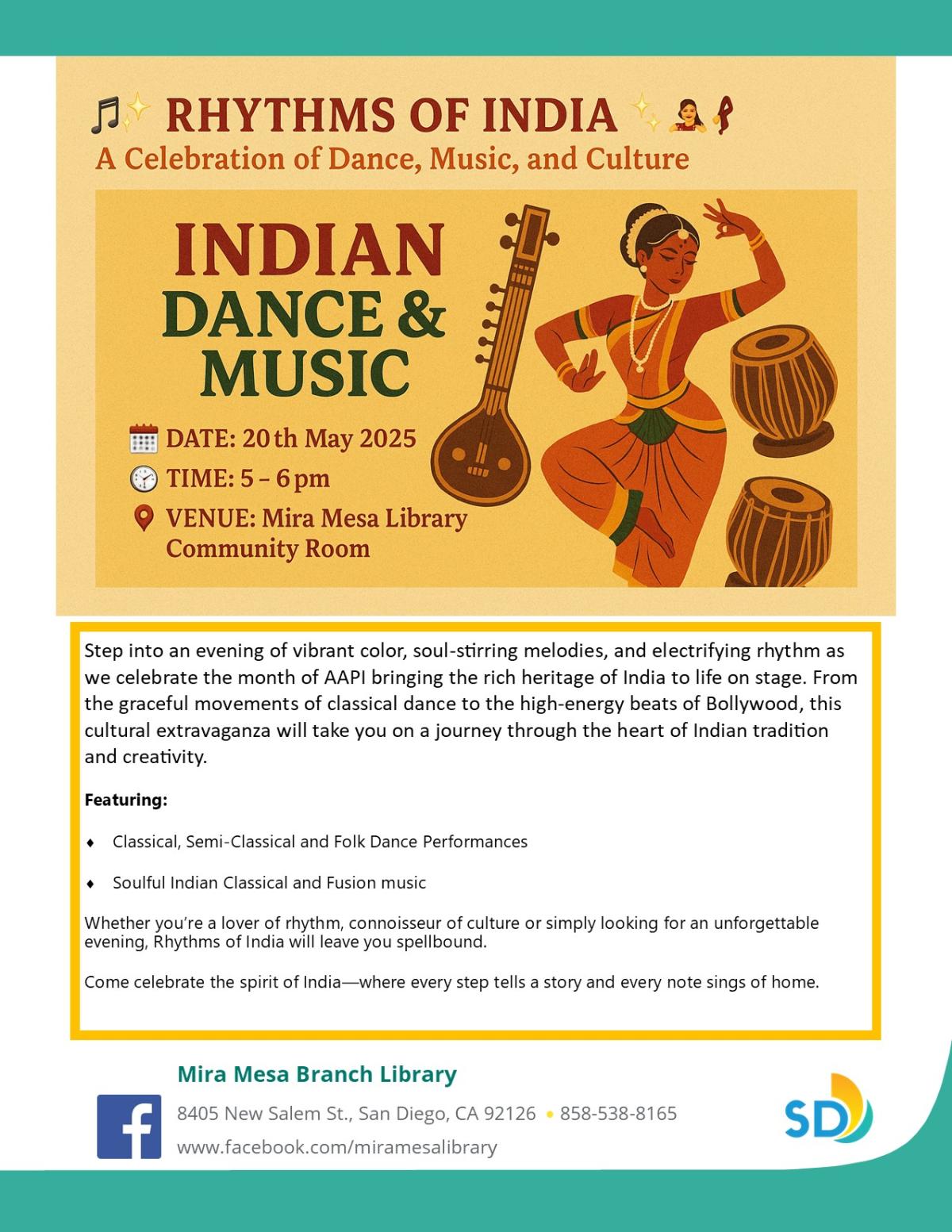 Promotional flyer with image of woman dancing and an instrument