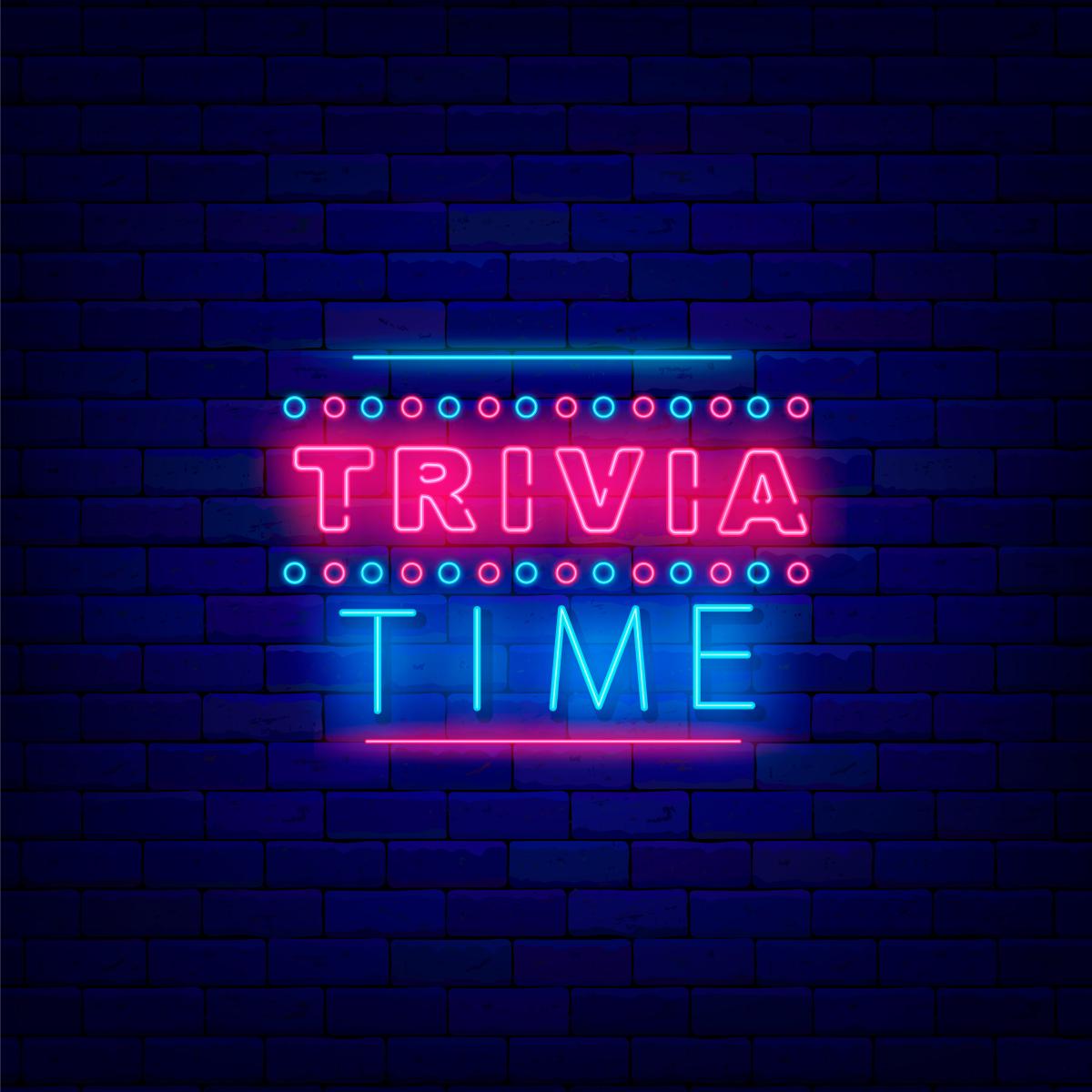 Trivia Time in pink and blue neon with a dark blue brick wall background