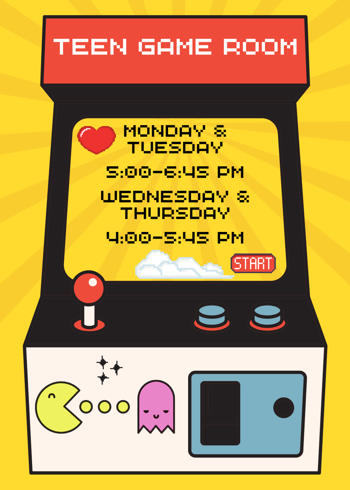 Teen Game Room hours flyer.