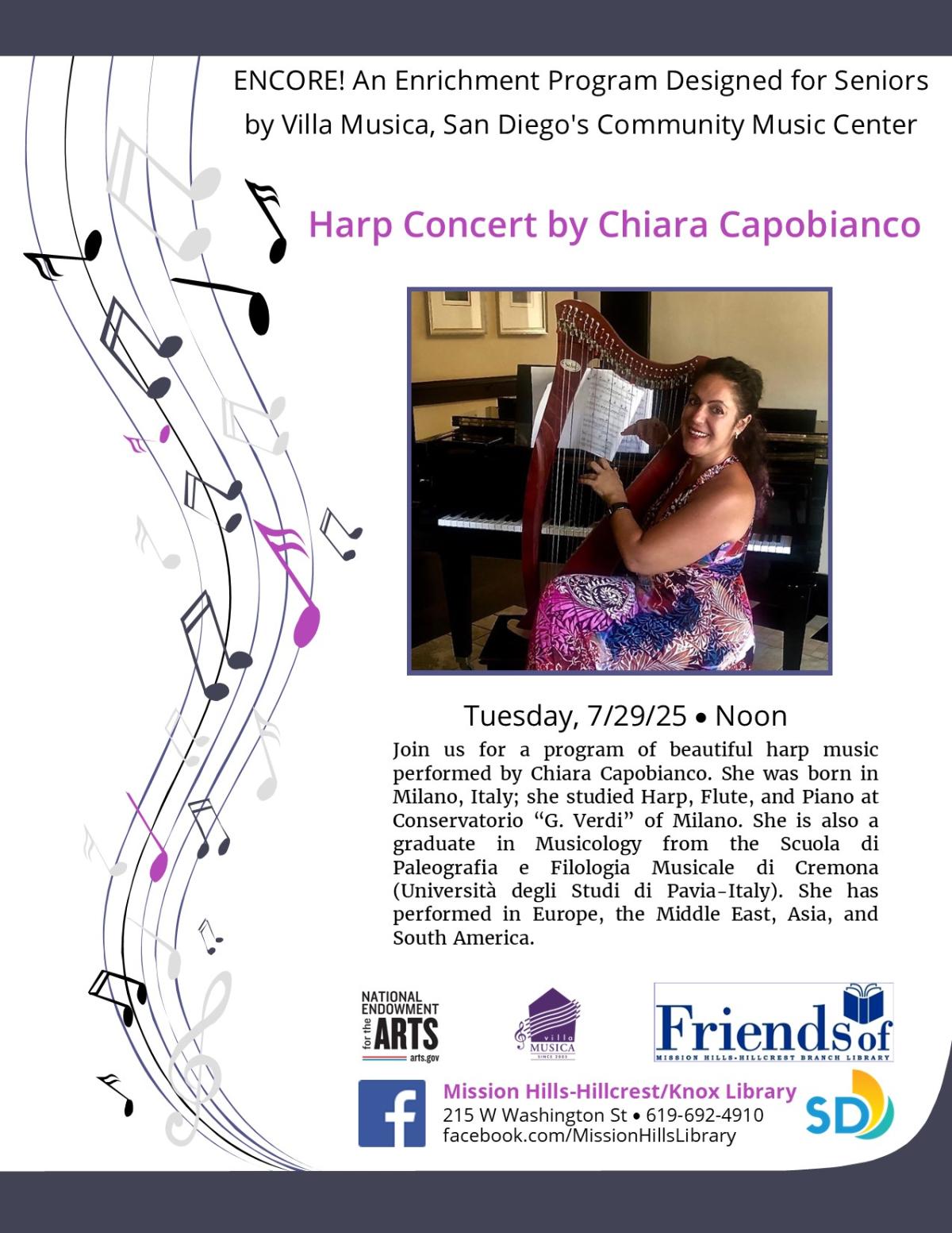 Flyer with event details and photo of Chiara Capobianco with her harp.