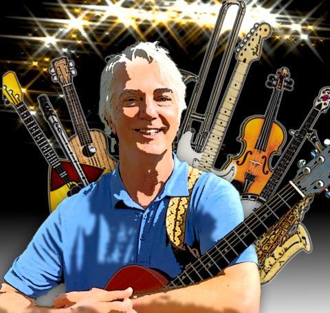 Stylized image of musician Craig Newton with an array of musical instruments in the background