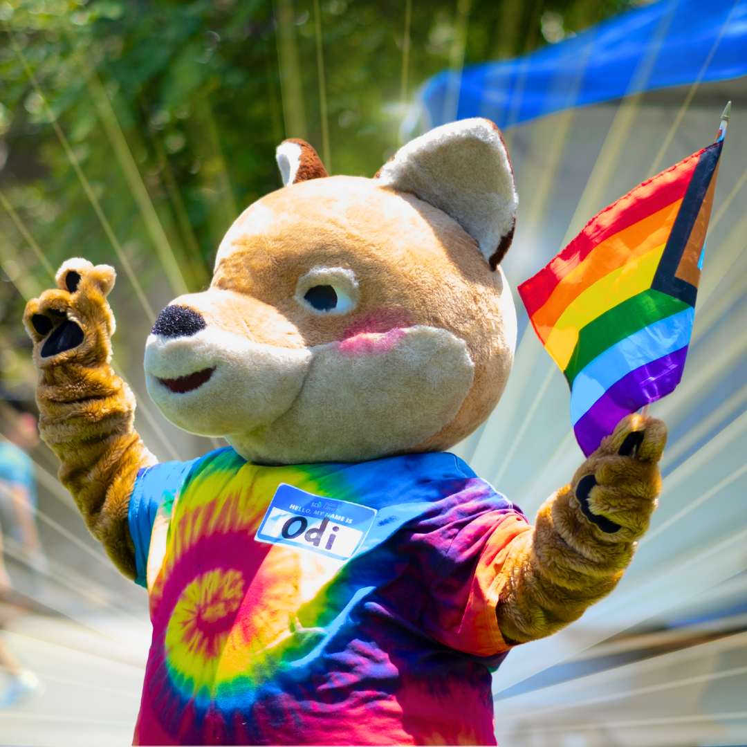 ODI the Coyote is wearing a rainbow tie-dye shirt and holding a pride progress flag