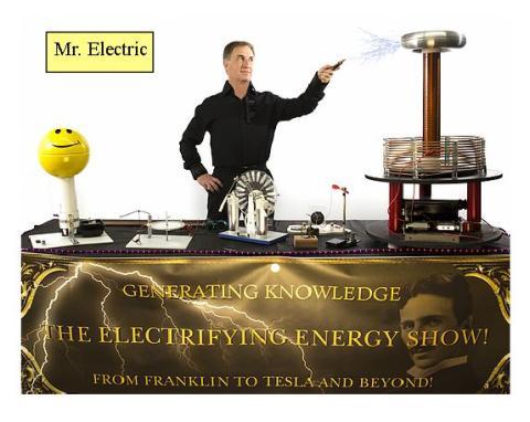 Mr. Electric stands at a table with many different electrical items