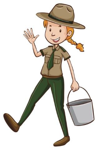 Park ranger with blonde pony tail carrying a bucket