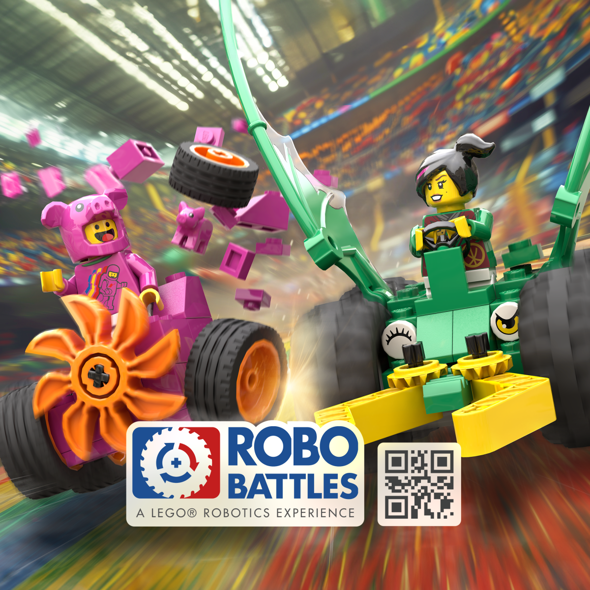 Two LEGO® vehicles racing on a colorful track