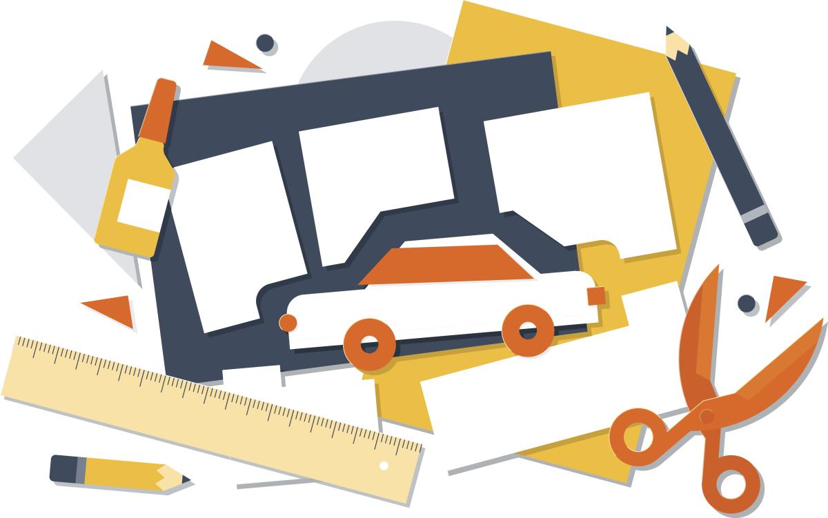 Graphic of various cut-out designs, scissors, a ruler, etc.