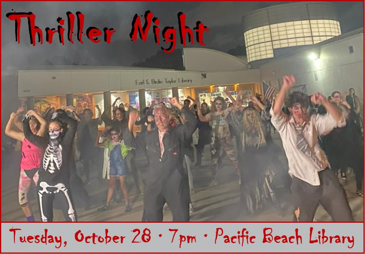 A group of zombies dancing in front of the Pacific Beach Library