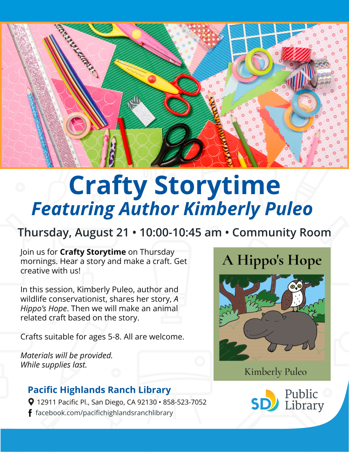 Crafty storytime featuring author Kimberly Puleo flyer